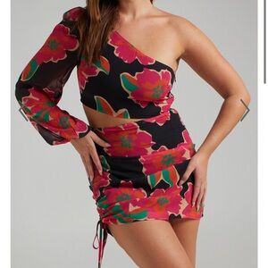 RN Runway Angel Black Pink & Green Floral One Shoulder Cutout Tie Dress NWT S